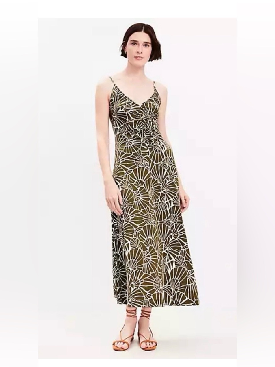 Loft Olive And White Floral Spaghetti Strap Maxi Dress